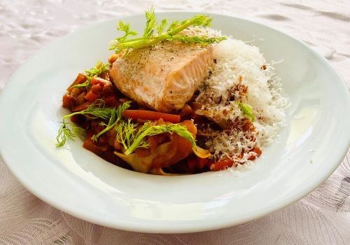 Fenchel-Ingwer Pasta mit Lachsforellenfilet
